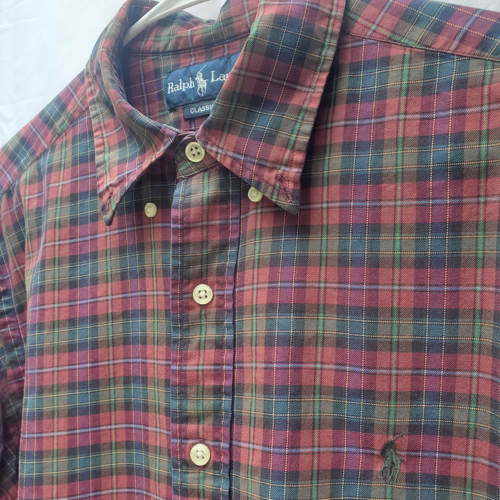 Vintage Ralph Lauren Mens Classic Fit Plaid Button Down Shirt Red Green Large L